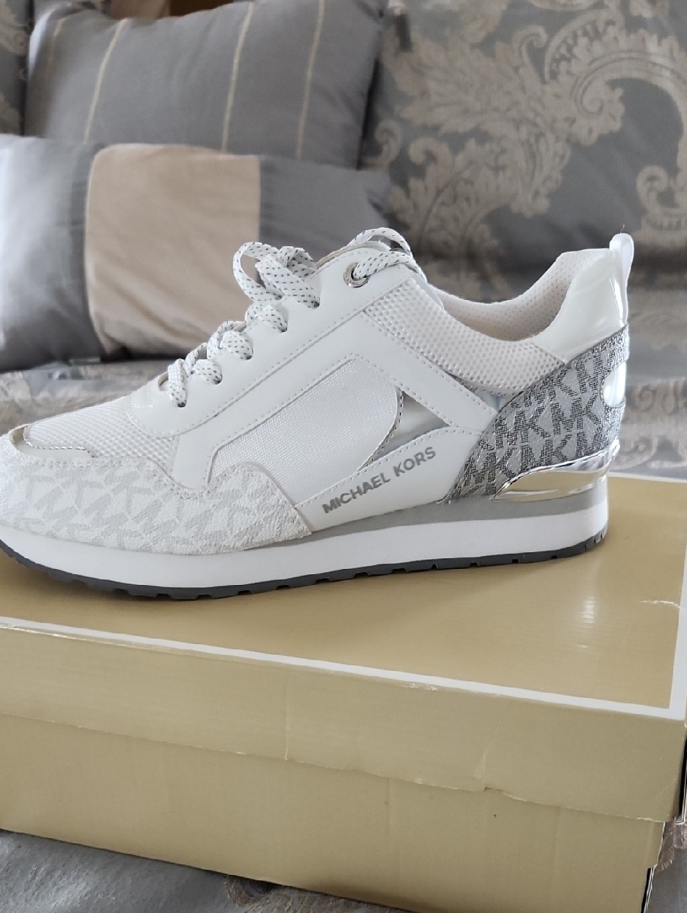 Michael Kors White and Silver Logo-Trim Lace-Up Sneaker